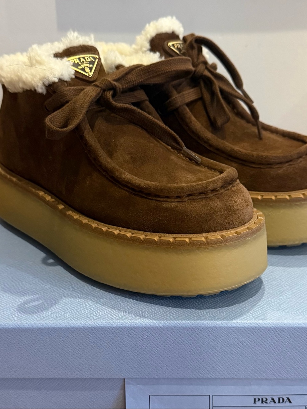 NWT Prada Brown Suede Shearling Derby Boot